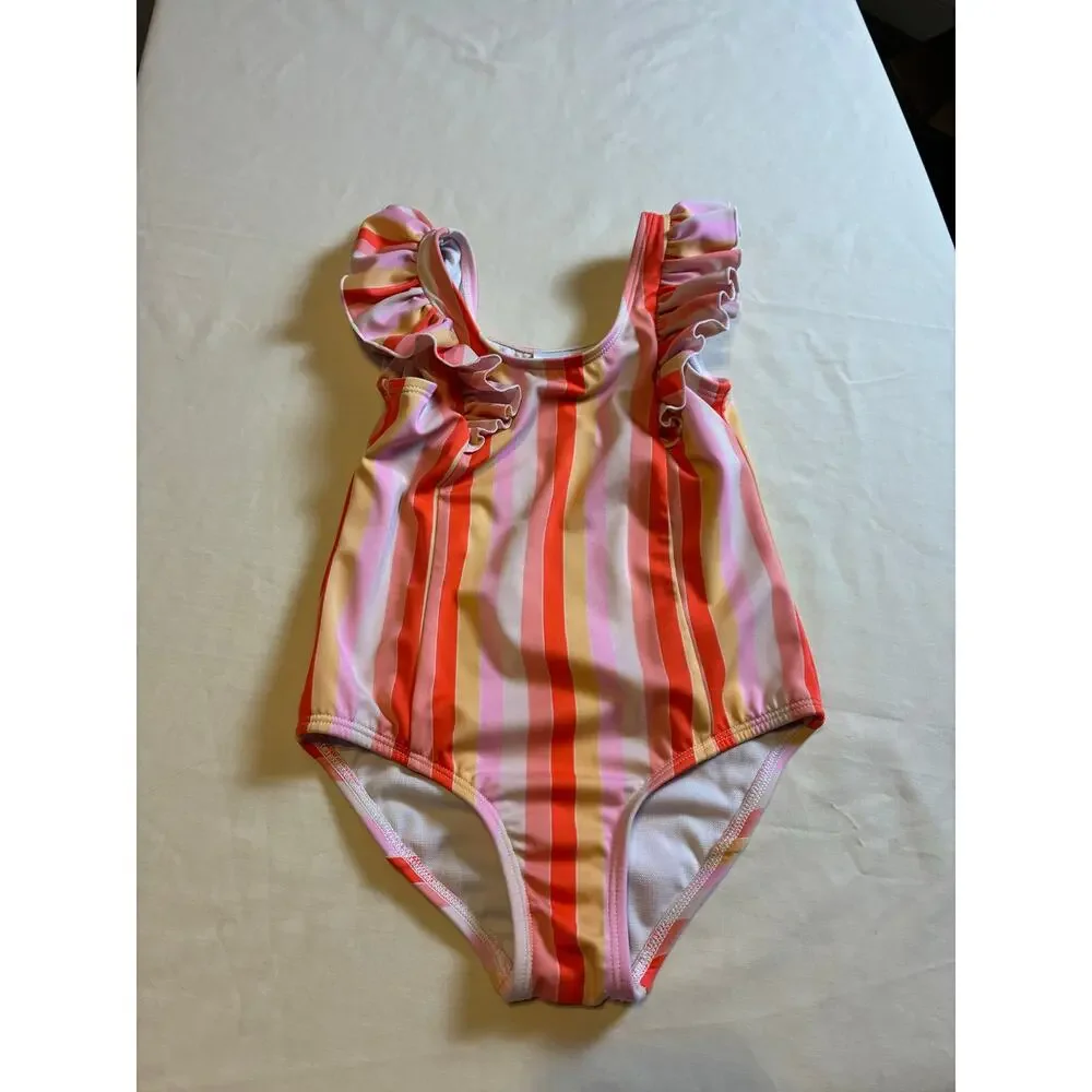 Cat & Jack 5T One Piece Swimsuit Pink Orange Stripe Ruffle Shoulder Swimwear